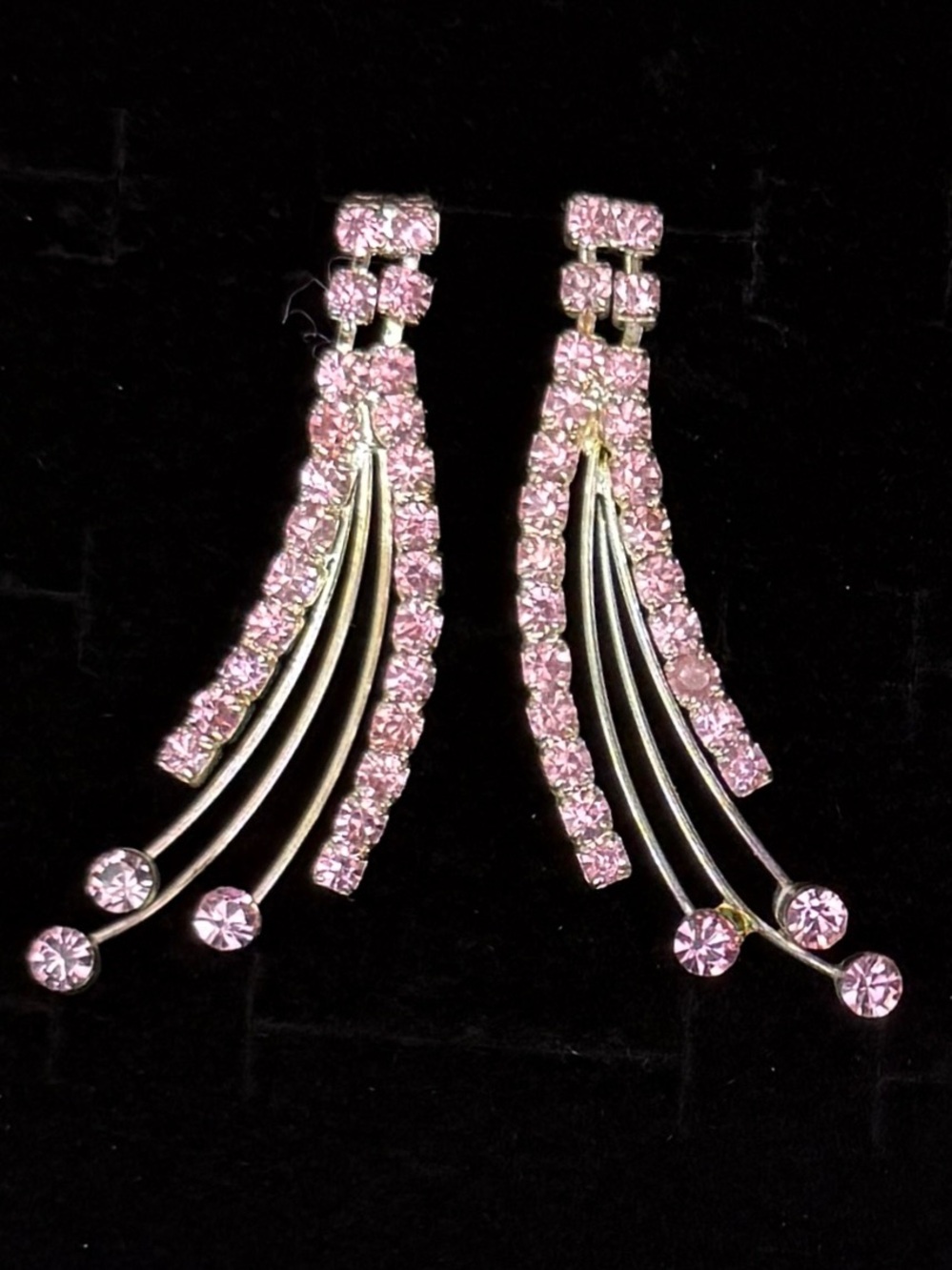 Vintage Pink Faceted Stone Silver Tone Long Dangle Pierced Earrings